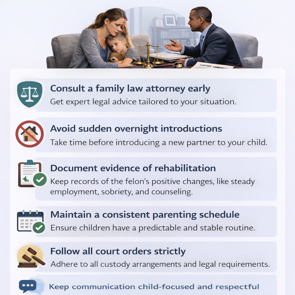 Infographic titled “Protecting Your Custody Rights: Smart Steps to Take” outlining six steps for parents dating someone with a felony conviction, including consulting a family law attorney, maintaining a stable parenting schedule, and following court orders.