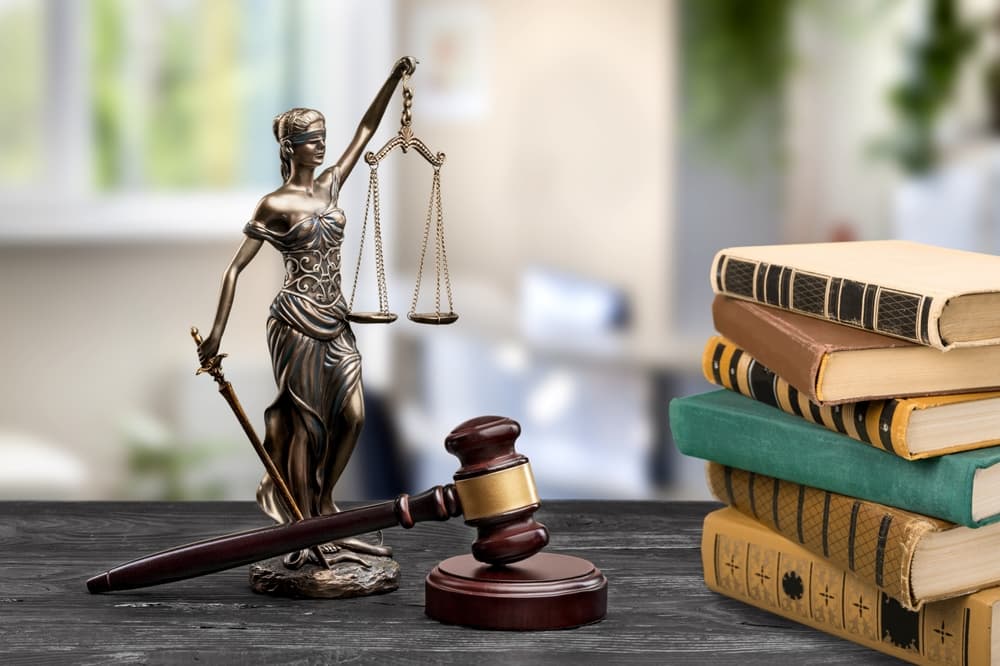 Lawyer or judge's wooden hammer and books
