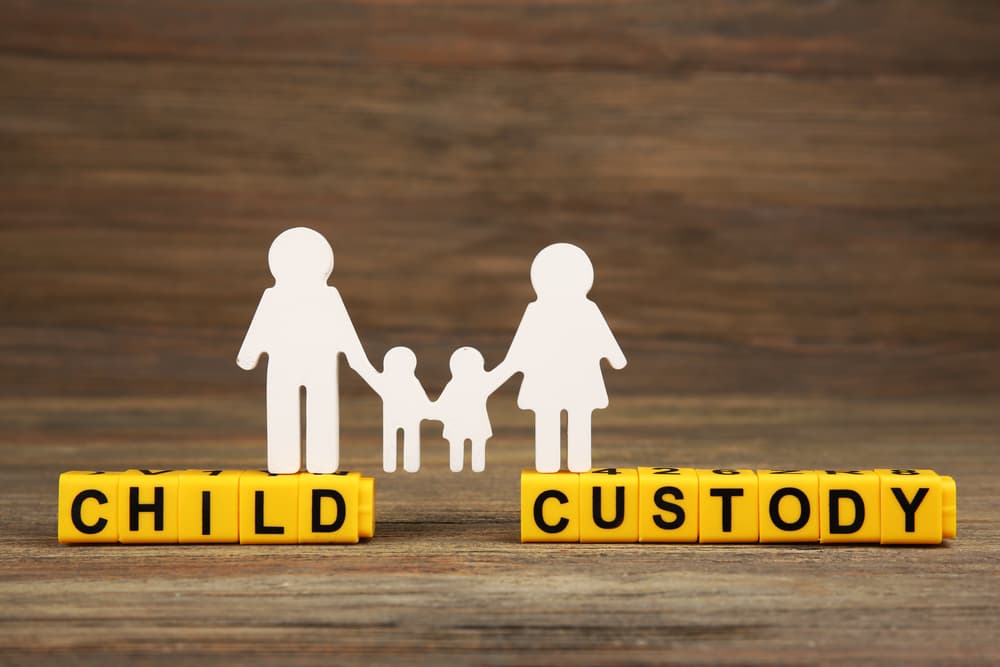 Cutout family and blocks with letters regarding child-custody and family-law
