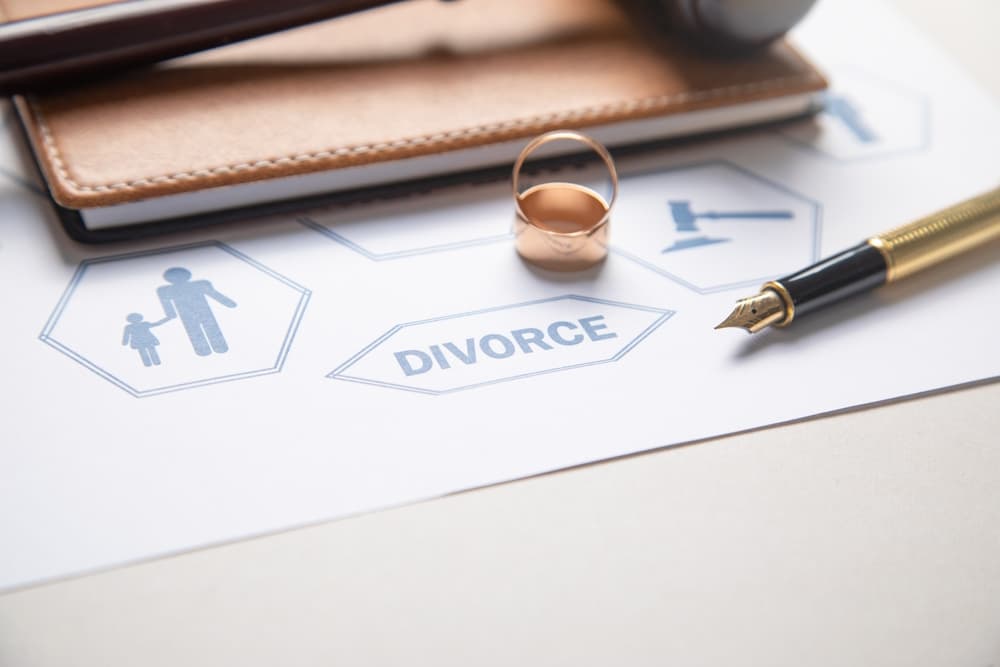 Document and wedding rings. Divorce